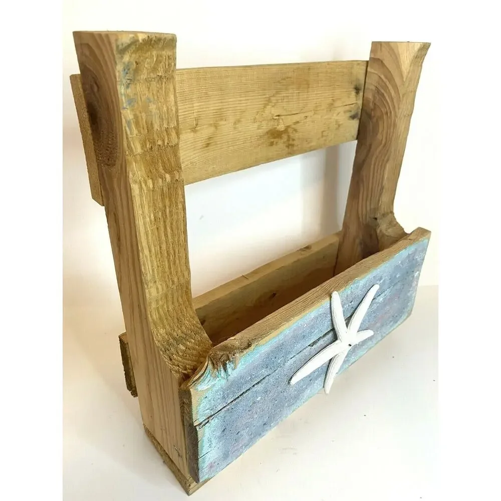 STARFISH Hand Painted Rustic BEACH Planter Box Reclaimed Wood Stand Shelf Bin